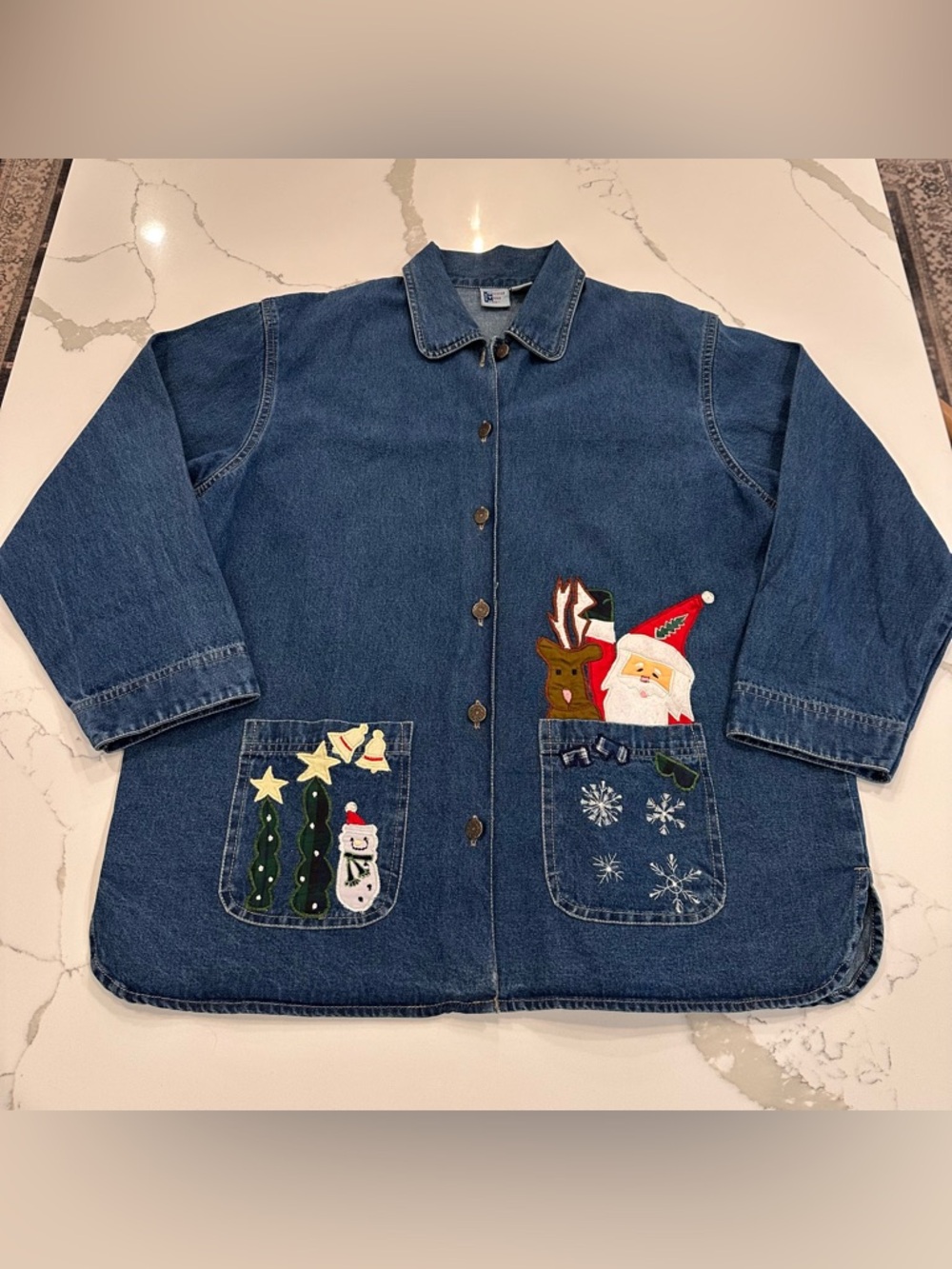 VTG Good Too Go Christmas Embroidered Denim Shirt Jacket Women L Shacket Santa